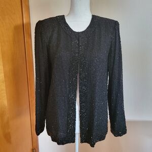 Vintage Laurence Kazar Silk Beaded Evening Jacket 80s Black Size Large